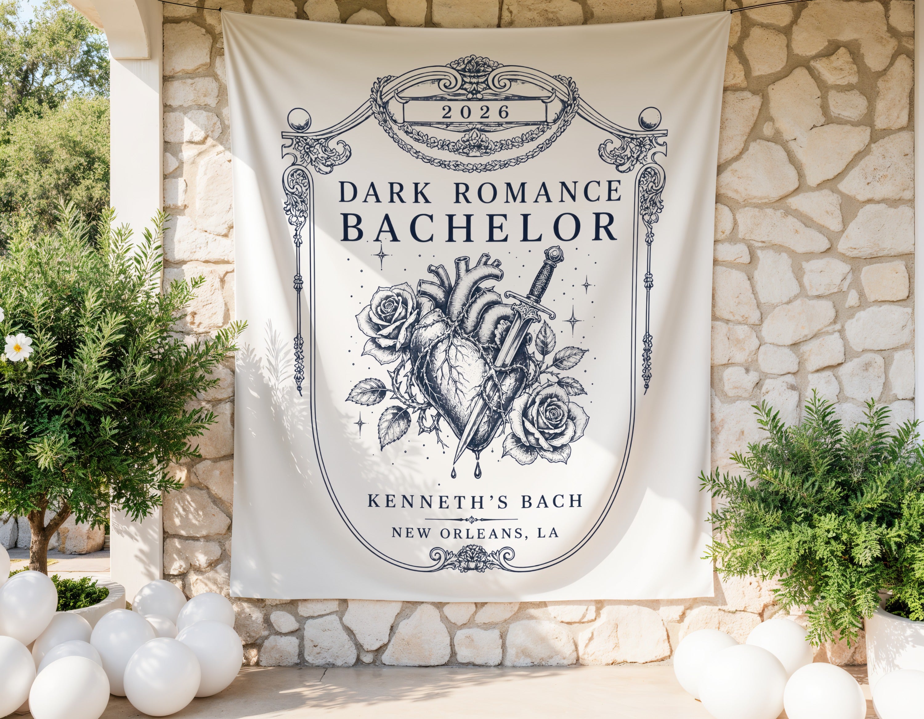 Dark Romance Bachelor 2026 banner with heart, dagger, roses, "Kenneth's Bach" and "New Orleans, LA".