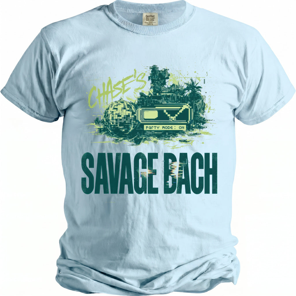 Light blue t-shirt with "CHASE'S PARTY MODE: ON" and "SAVAGE BACH" graphic.