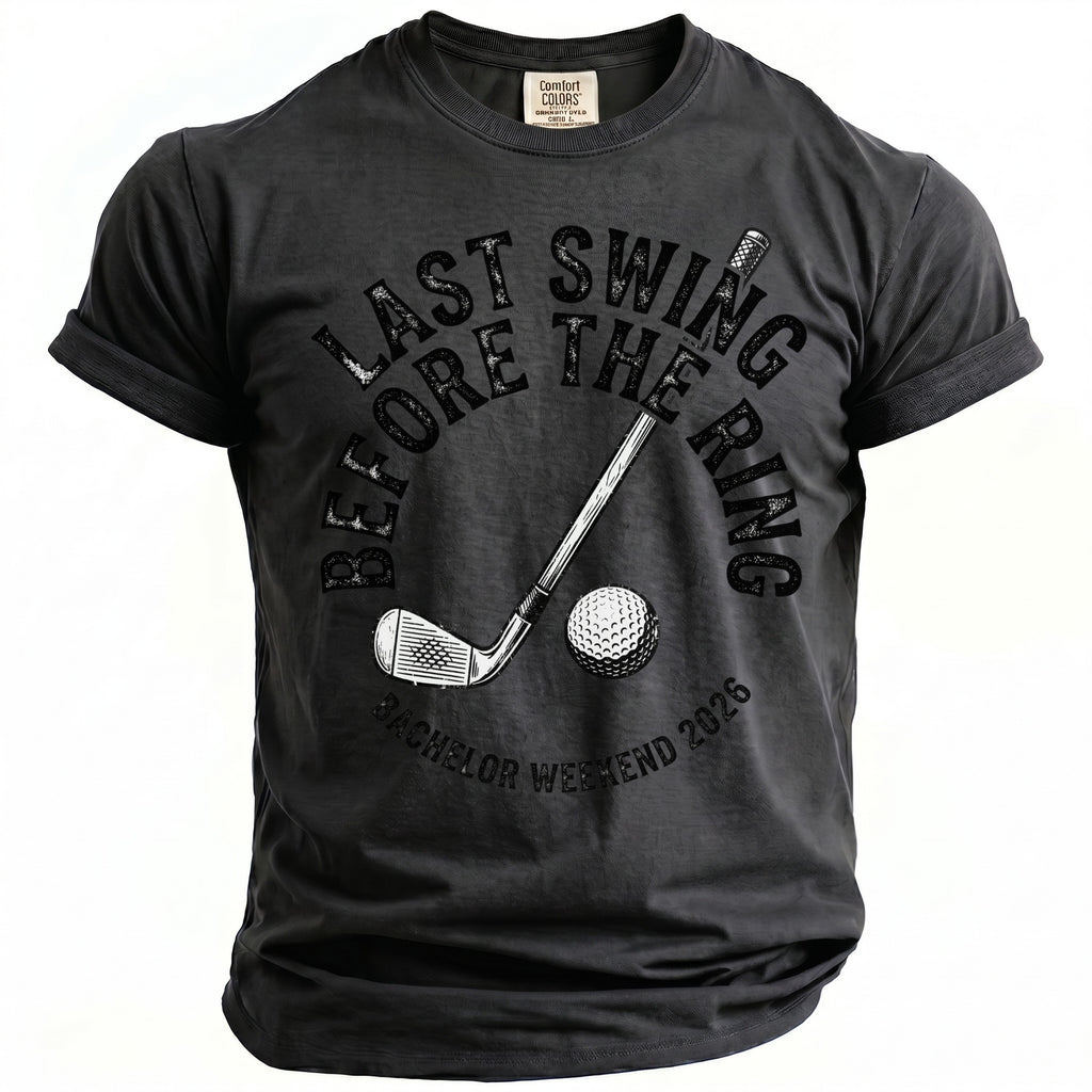 Dark grey t-shirt with "Last swing before the ring" and golf imagery.