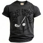 Dark grey t-shirt with "Last swing before the ring" and golf imagery.