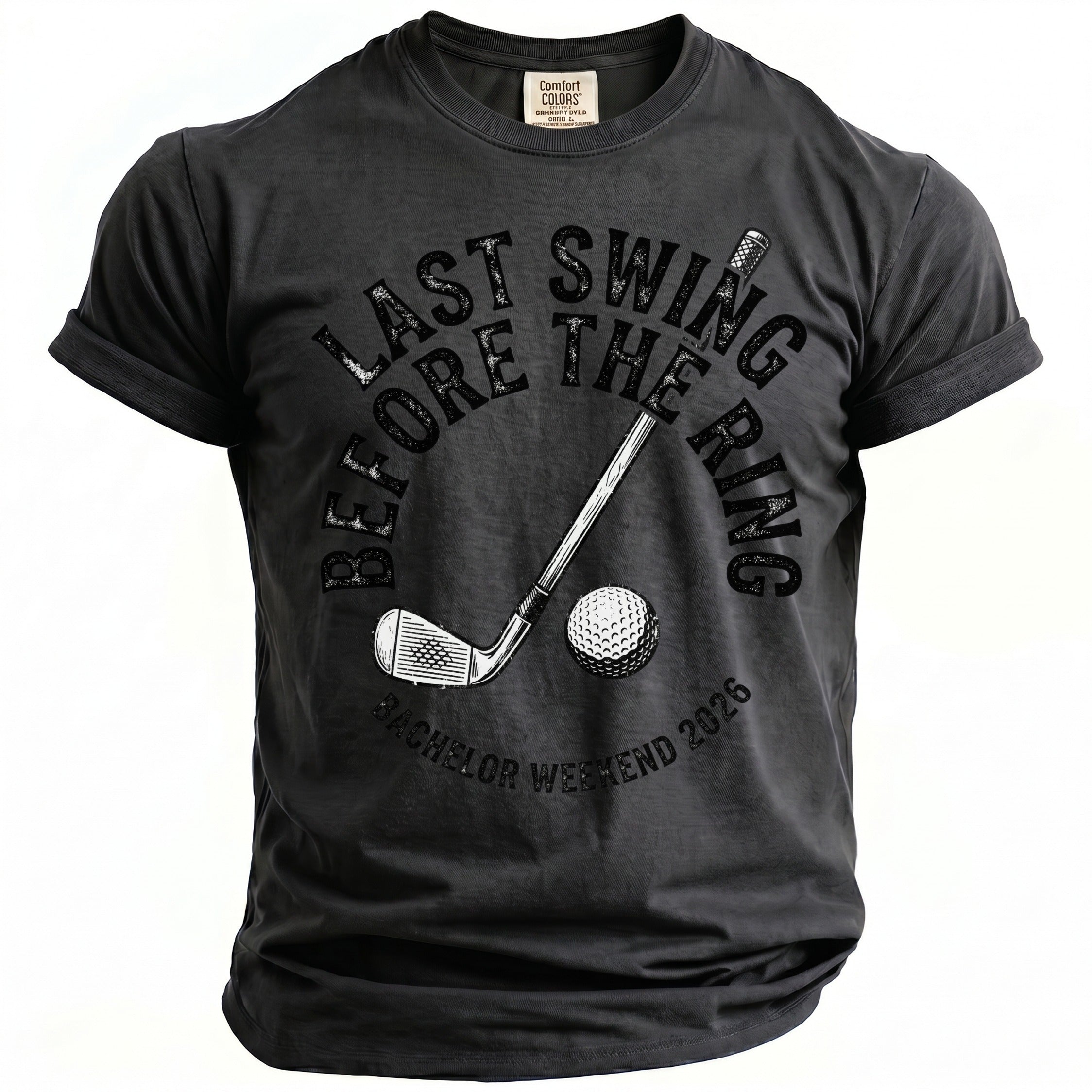 Dark grey t-shirt with "Last swing before the ring" and golf imagery.