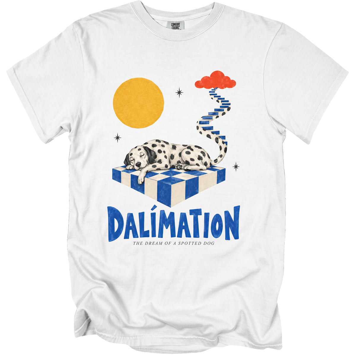 Dalmatian dog sleeping on a checkered box, "Dalímation: The Dream of a Spotted Dog" text.