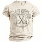 T-shirt with "Last Swing Before the Ring Bachelor Weekend 2026" and golf clubs.