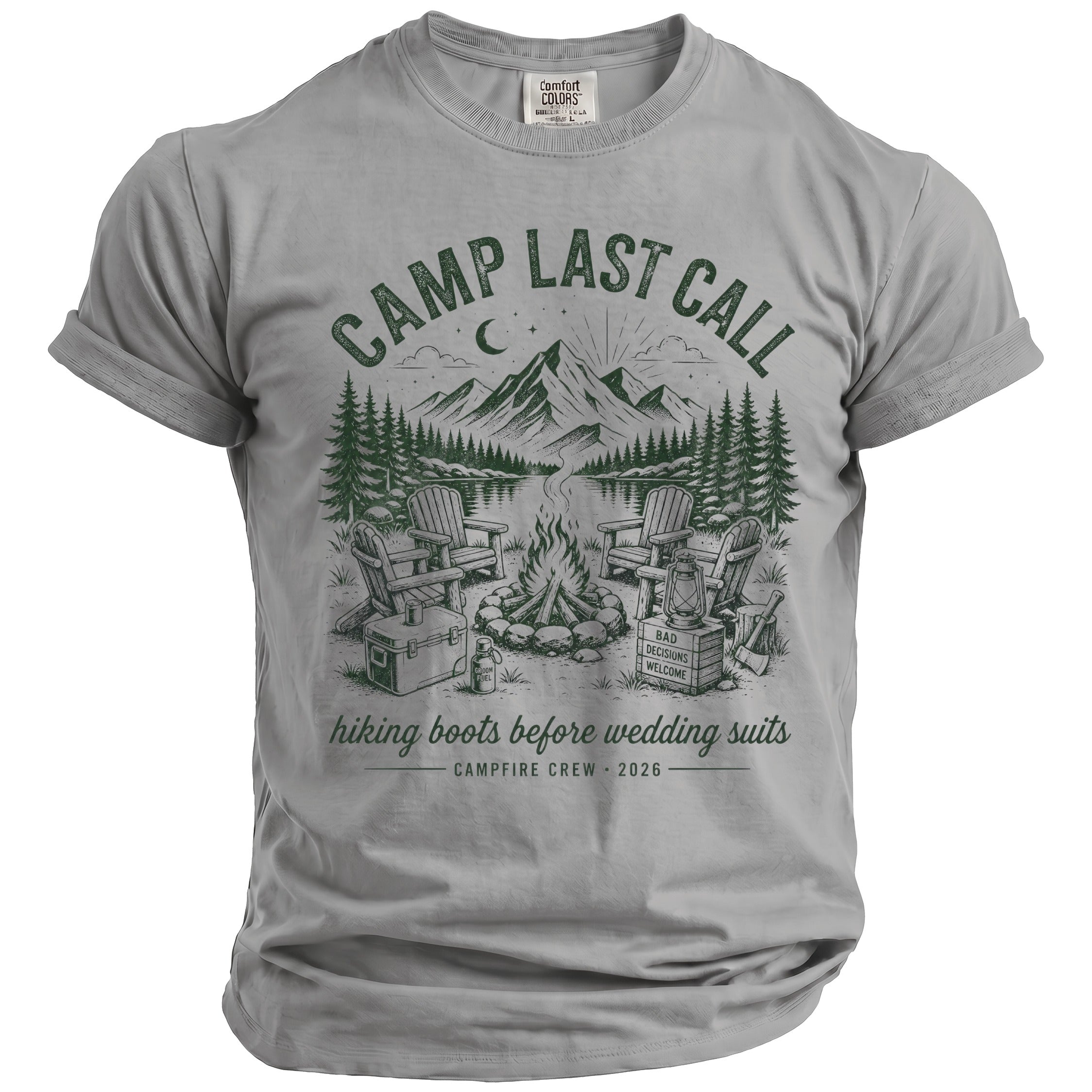 Grey t-shirt with "Camp Last Call" and campfire scene graphic.