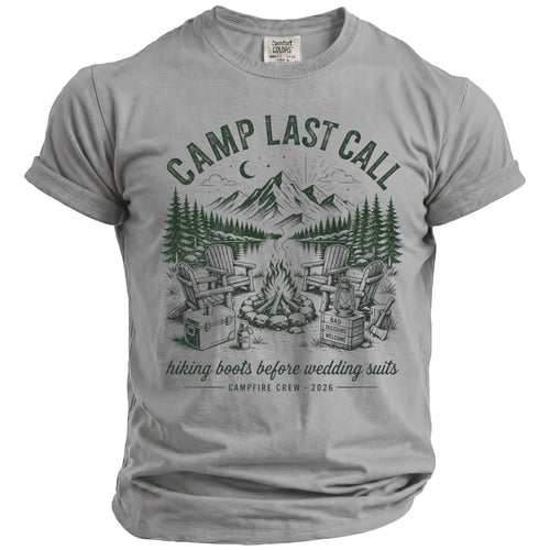 Grey t-shirt with "Camp Last Call" and campfire scene graphic.