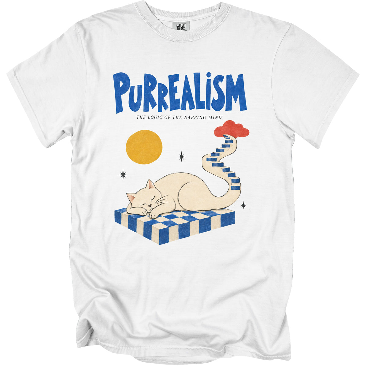 White t-shirt with "PURREALISM THE LOGIC OF THE NAPPING MIND" text and a sleeping cat.