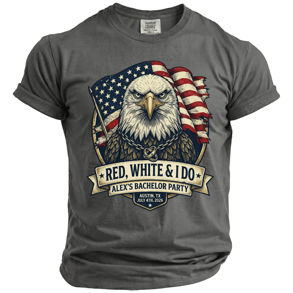 Gray shirt with a design of an eagle and US flag, "Red, White & I Do Alex's Bachelor Party".