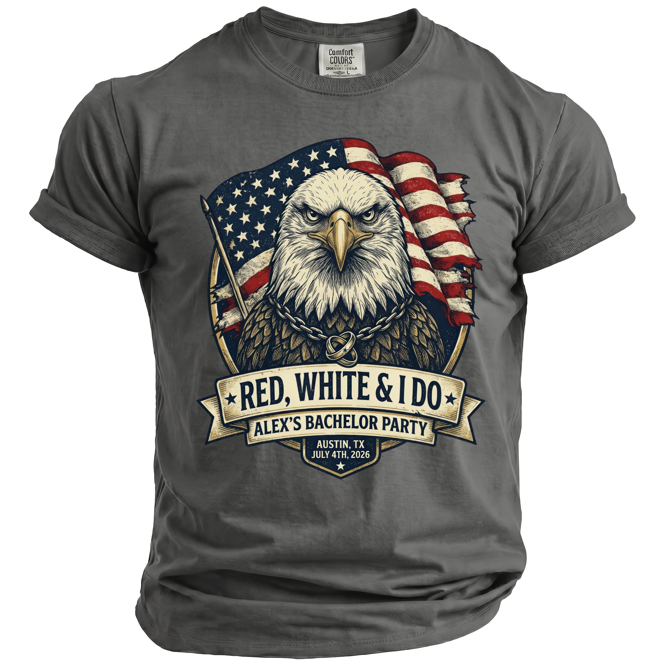 Gray shirt with a design of an eagle and US flag, "Red, White & I Do Alex's Bachelor Party".