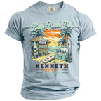 Light blue t-shirt with "Bach Beach Party" graphic, beach scene, and text "KENNETH MIAMI, FL 2026".