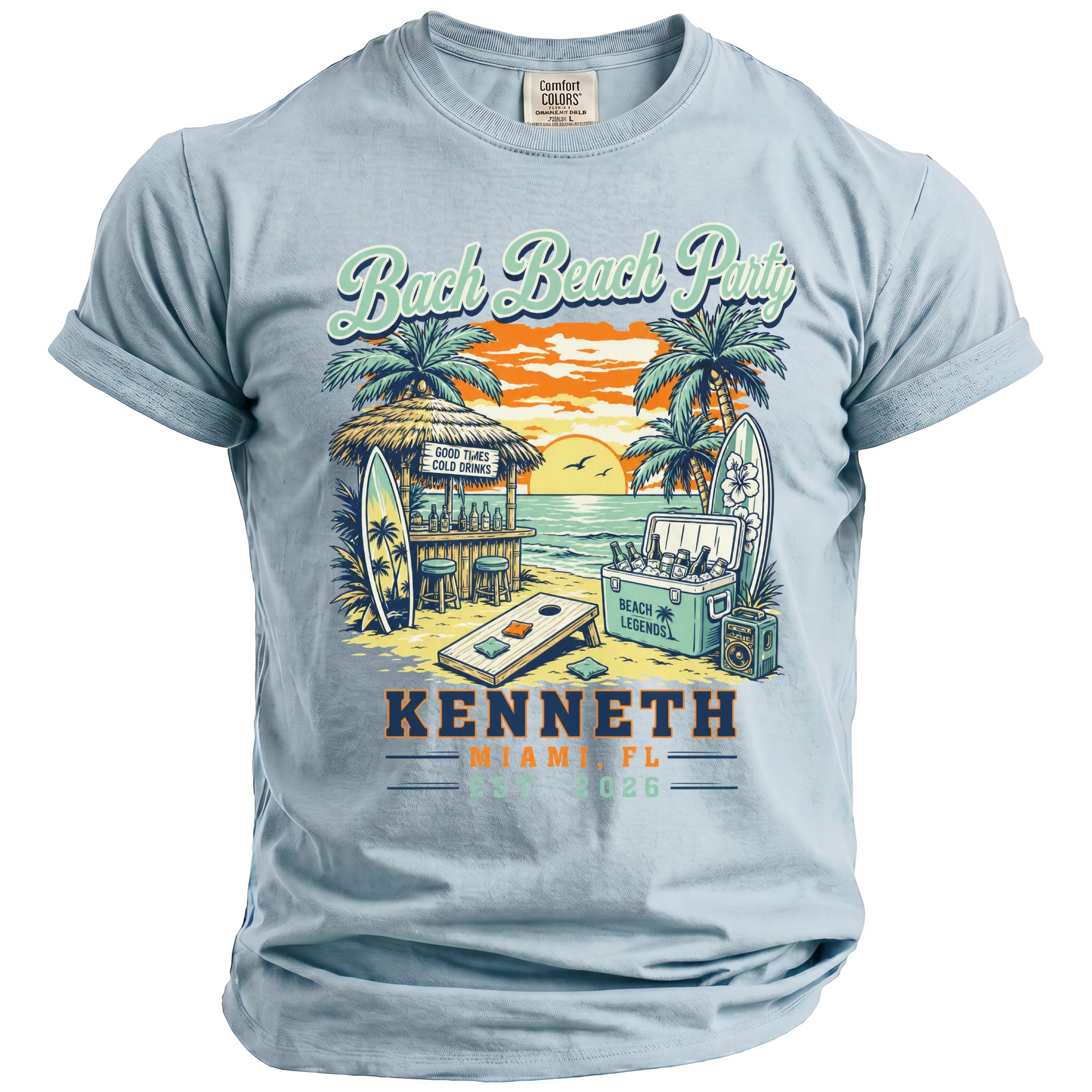 Light blue t-shirt with "Bach Beach Party" graphic, beach scene, and text "KENNETH MIAMI, FL 2026".