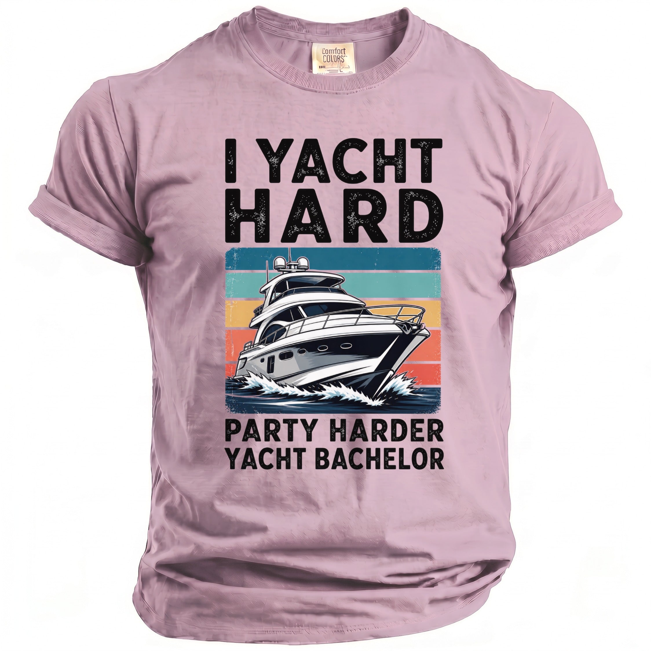 T-shirt with "I Yacht Hard Party Harder Yacht Bachelor" text and a yacht graphic.