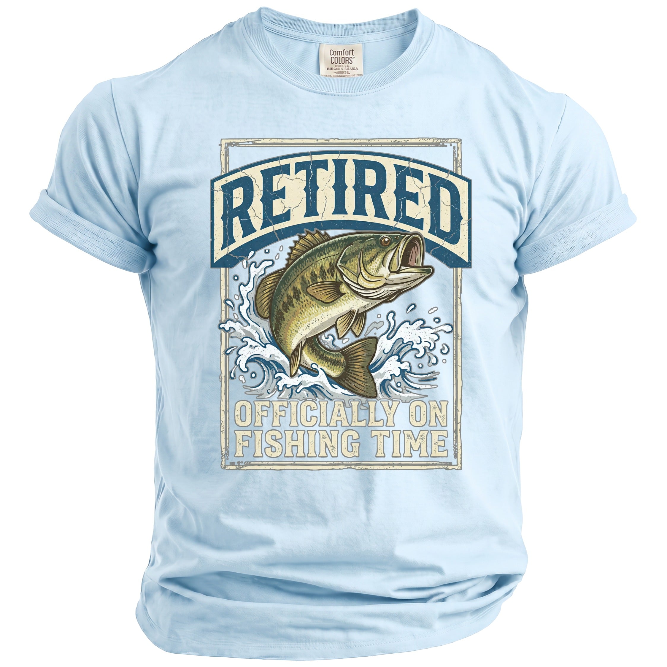 Light blue t-shirt with a distressed graphic of a bass jumping from water, reading "RETIRED OFFICIALLY ON FISHING TIME".