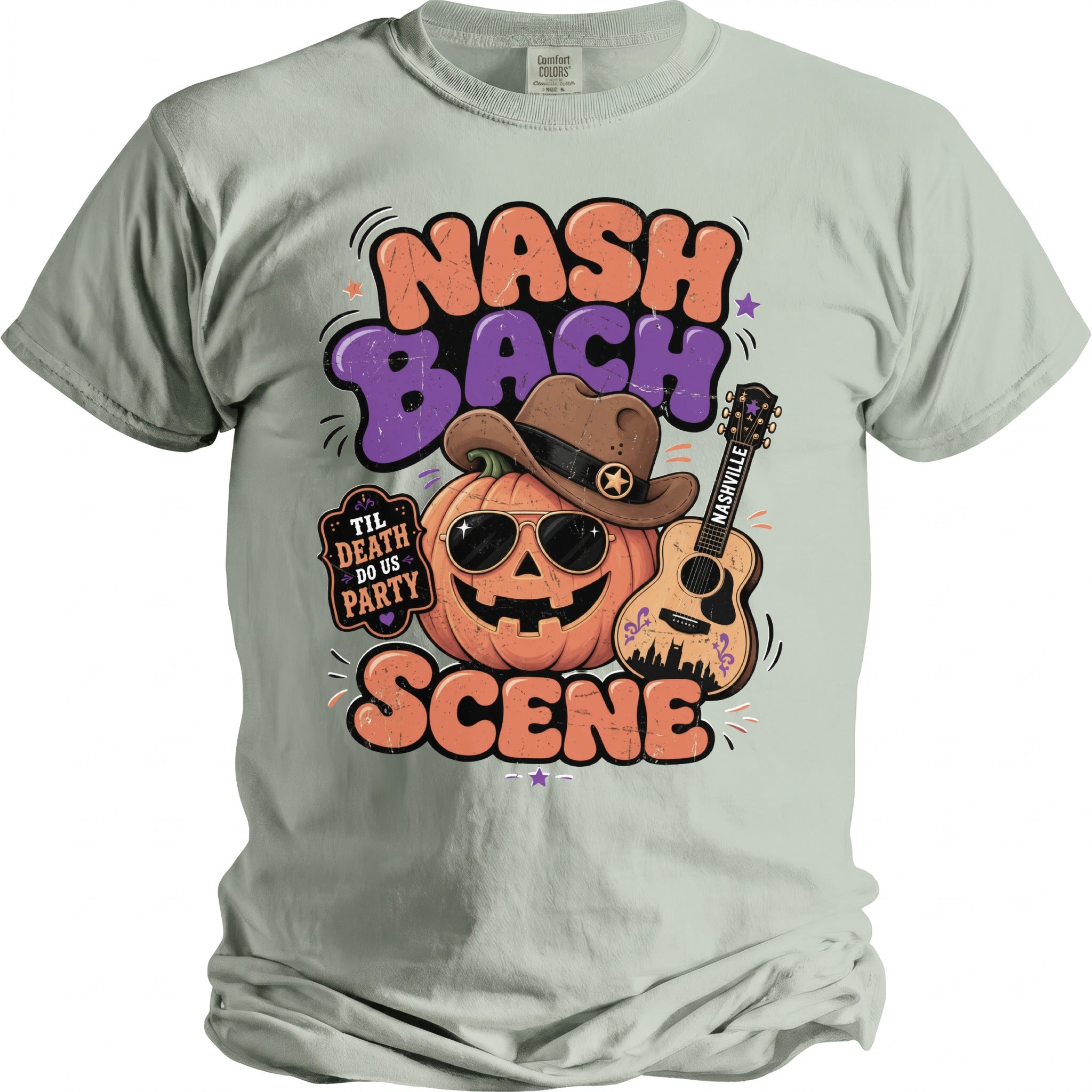 Nash Bach Scene t-shirt featuring a pumpkin, guitar, and "Til Death Do Us Party" text.