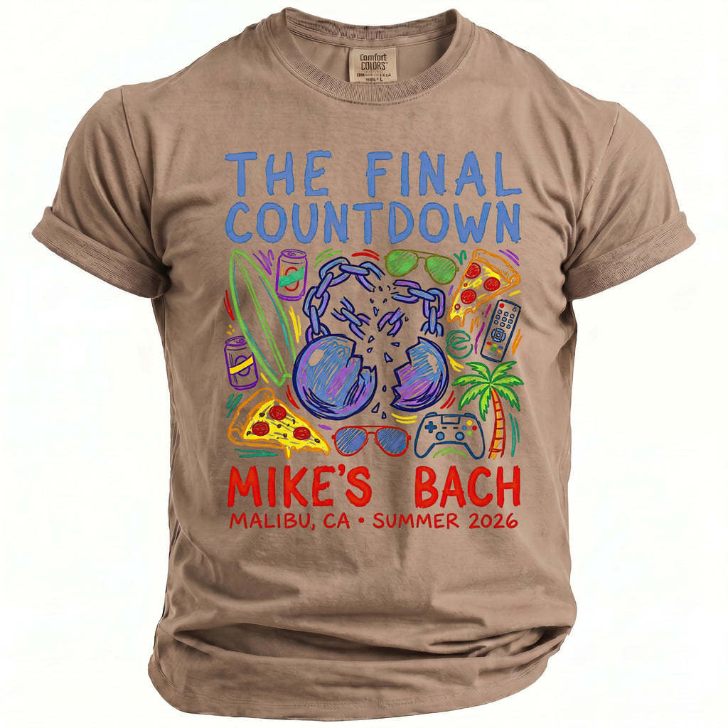 T-shirt with "The Final Countdown" and "Mike's Bach Malibu, CA Summer 2026" text.