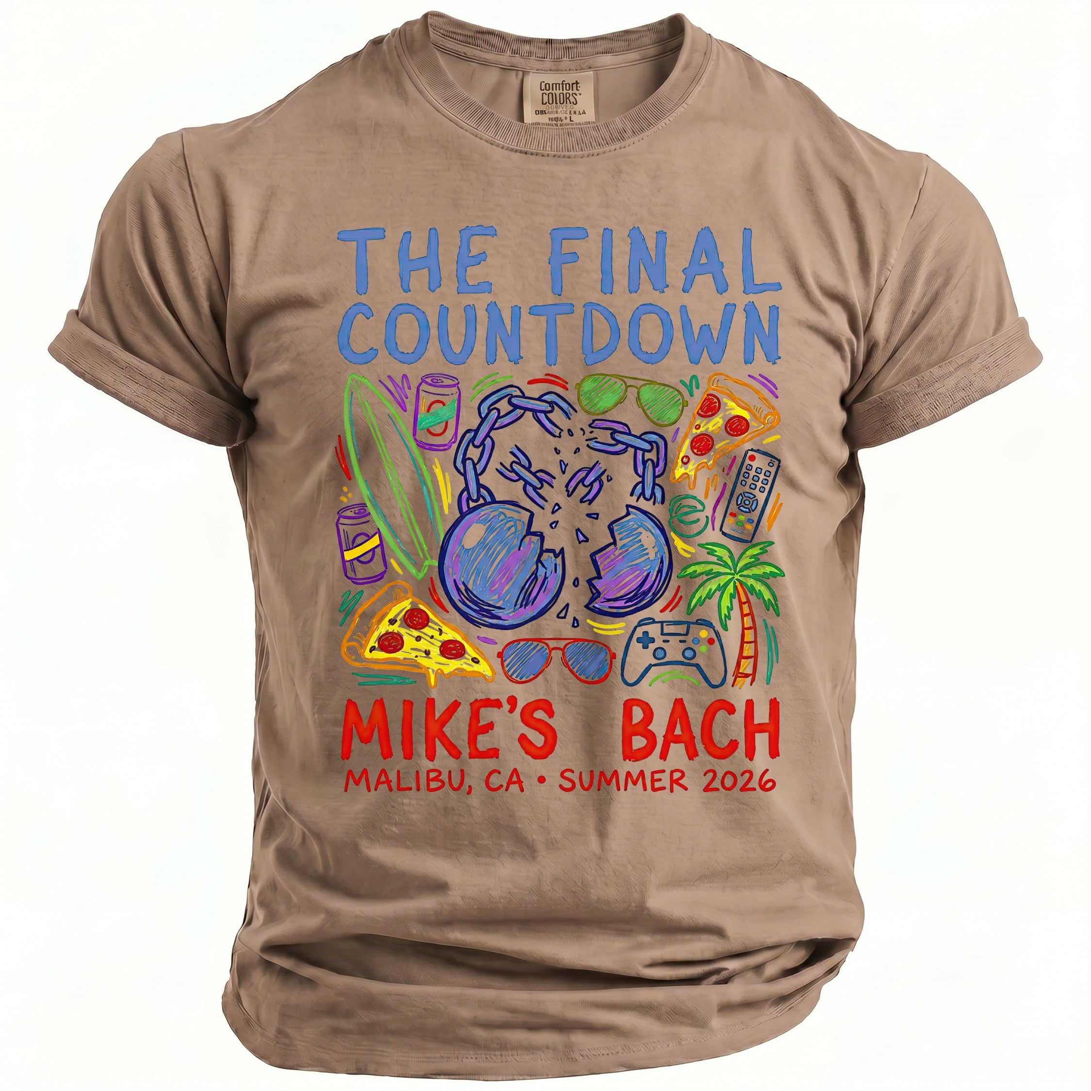 T-shirt with "The Final Countdown" and "Mike's Bach Malibu, CA Summer 2026" text.