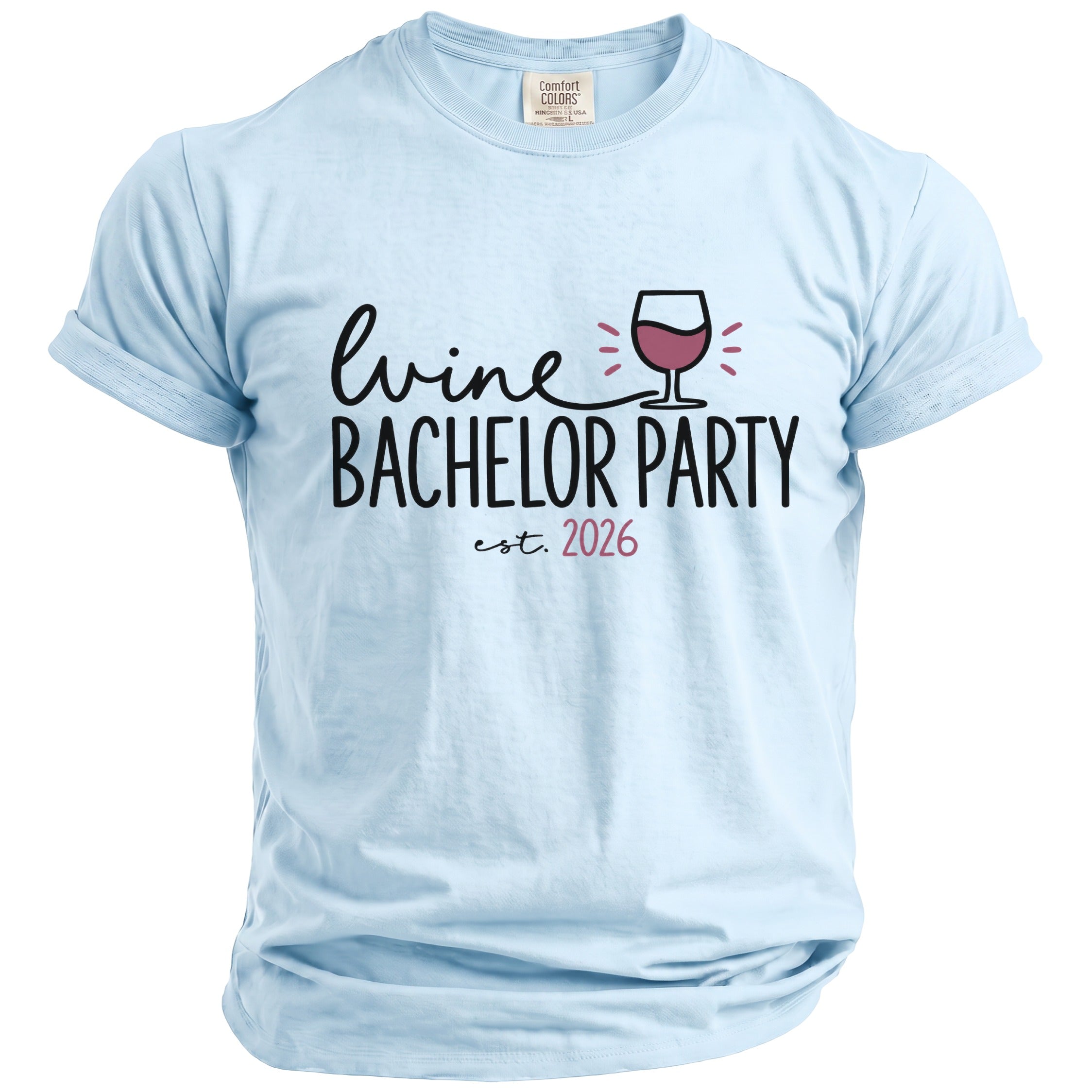 Light blue t-shirt with "Wine Bachelor Party est. 2026" graphic.