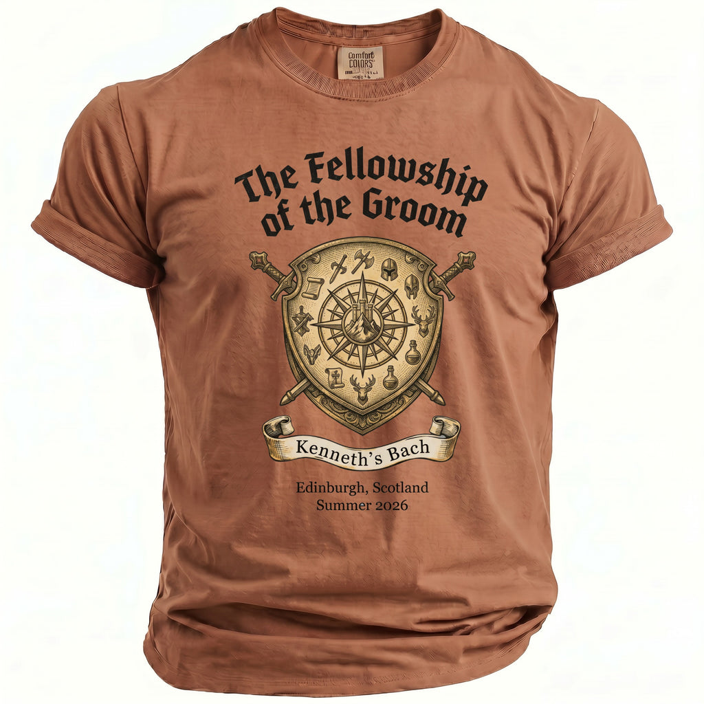 Brown t-shirt with "The Fellowship of the Groom" graphic and event details.