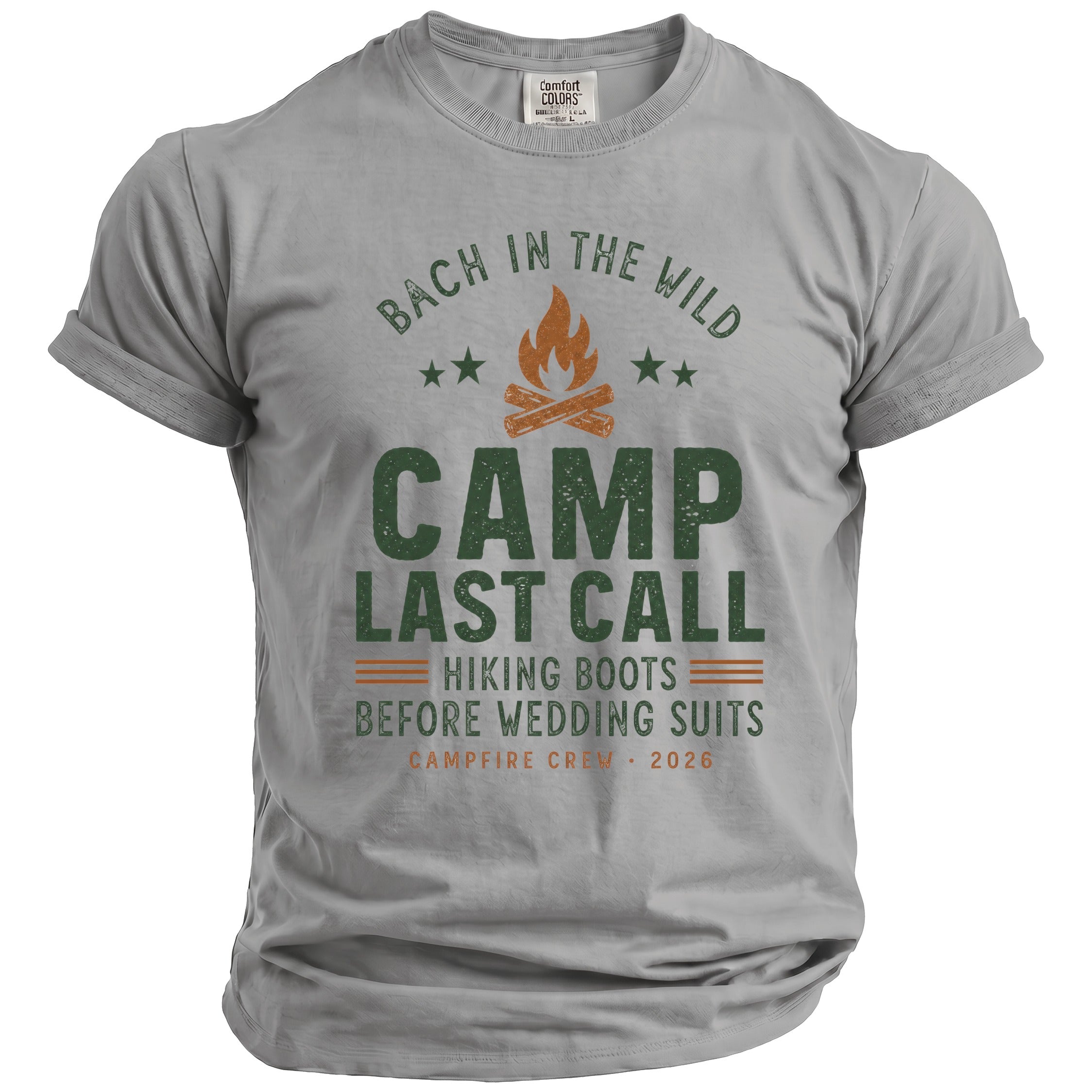 Grey t-shirt with "Bach in the Wild" and "Camp Last Call" graphics.