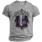 Grey t-shirt with "Some Curses Follow You Home" text and gothic gate design.