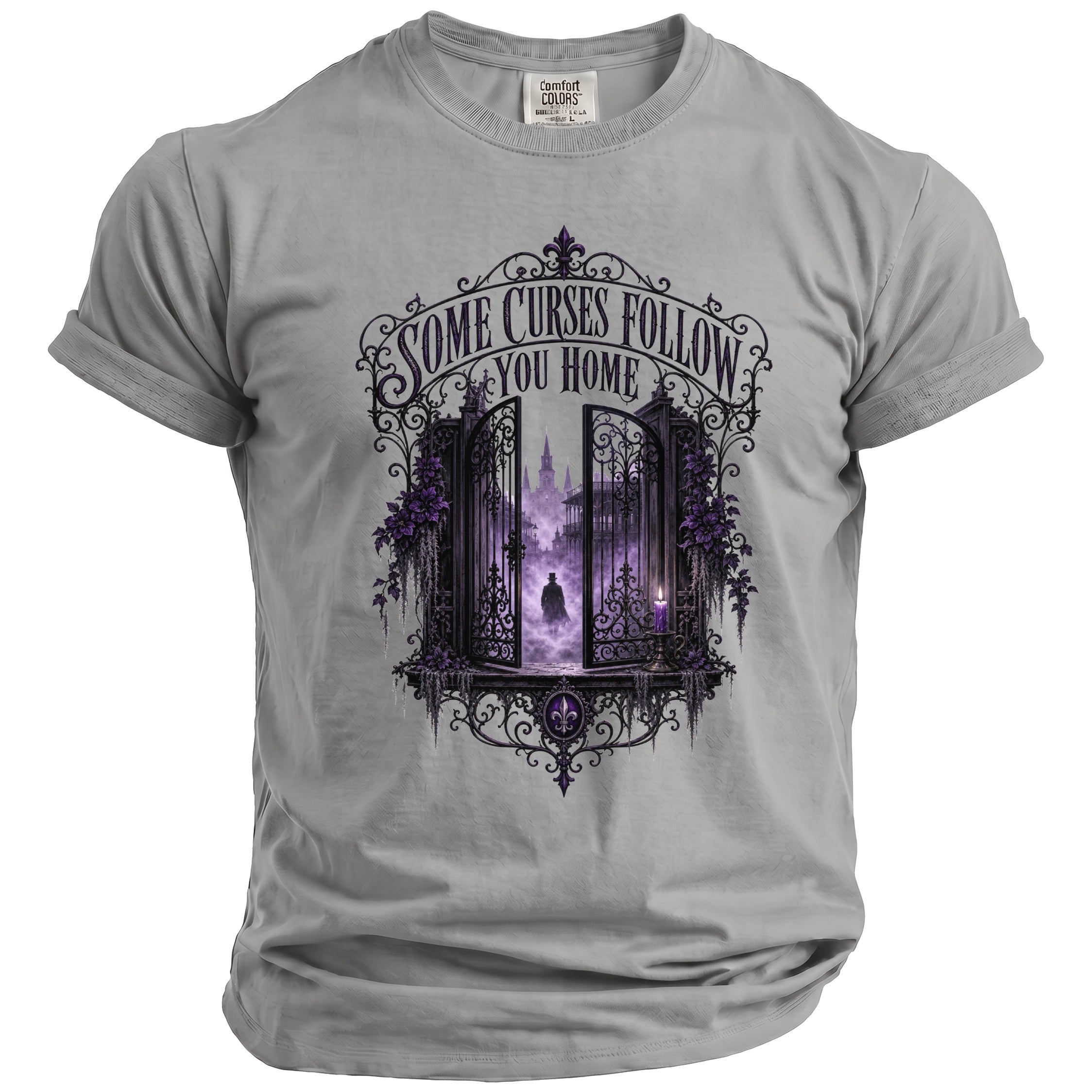Grey t-shirt with "Some Curses Follow You Home" text and gothic gate design.