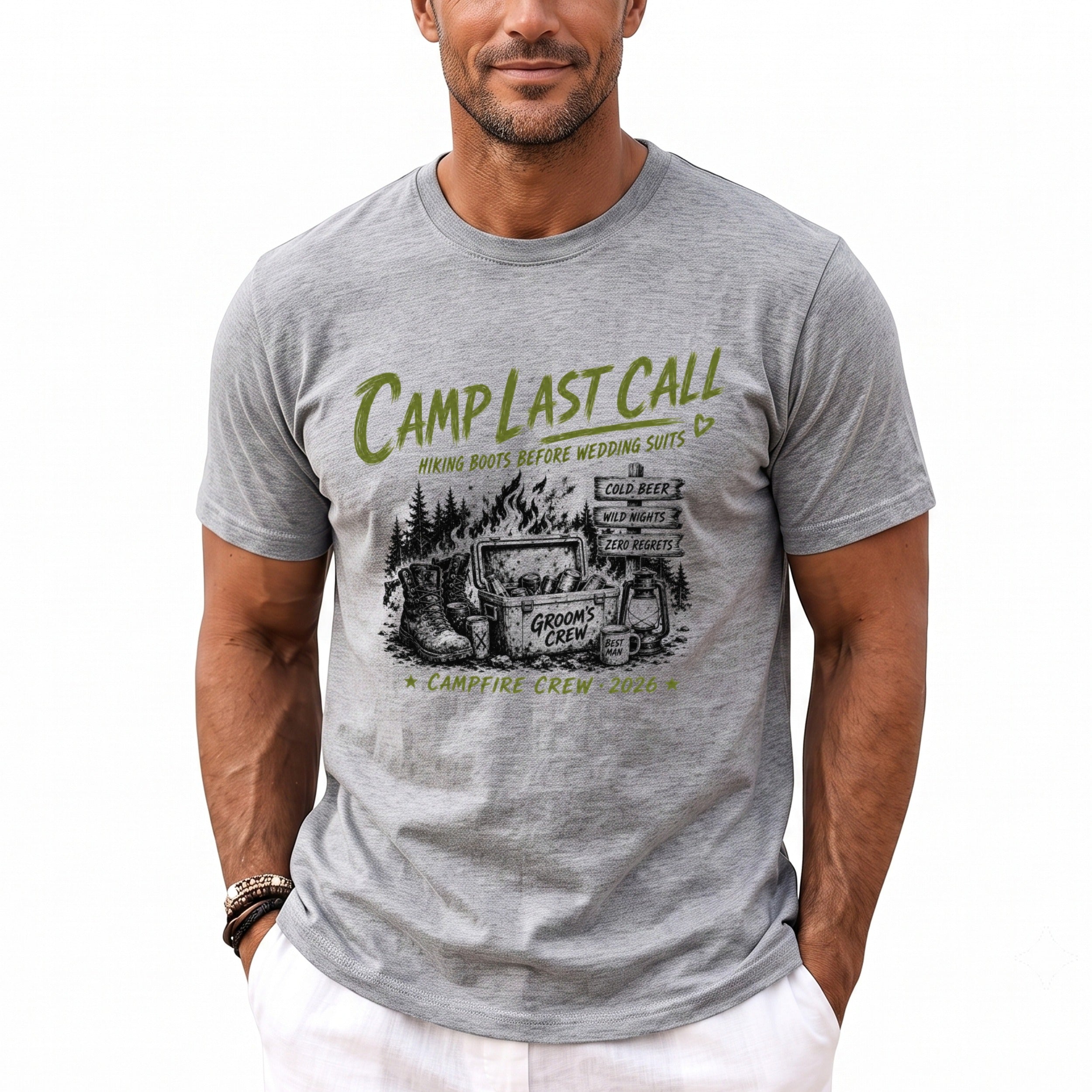 Grey t-shirt graphic: "Camp Last Call", "Groom's Crew", "Campfire Crew 2026".