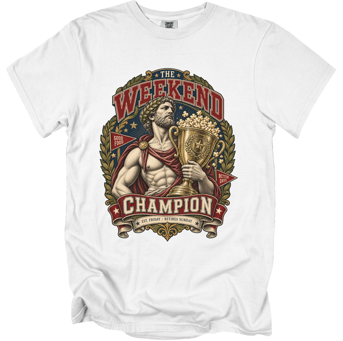Illustration of a champion holding a trophy filled with popcorn, text says "The Weekend Champion".