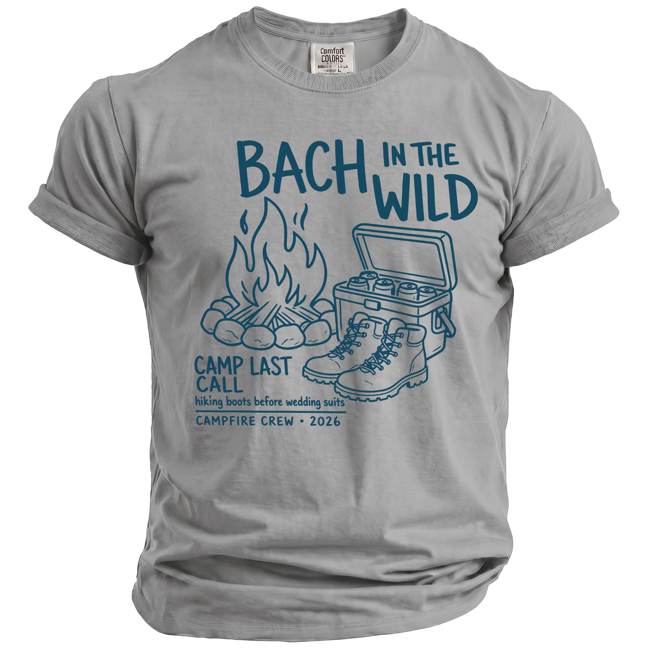 Grey t-shirt with "Bach in the Wild" graphic, campfire, cooler, and boots.