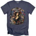 Midnight Museum graphic with woman, artists, and French text on navy t-shirt.