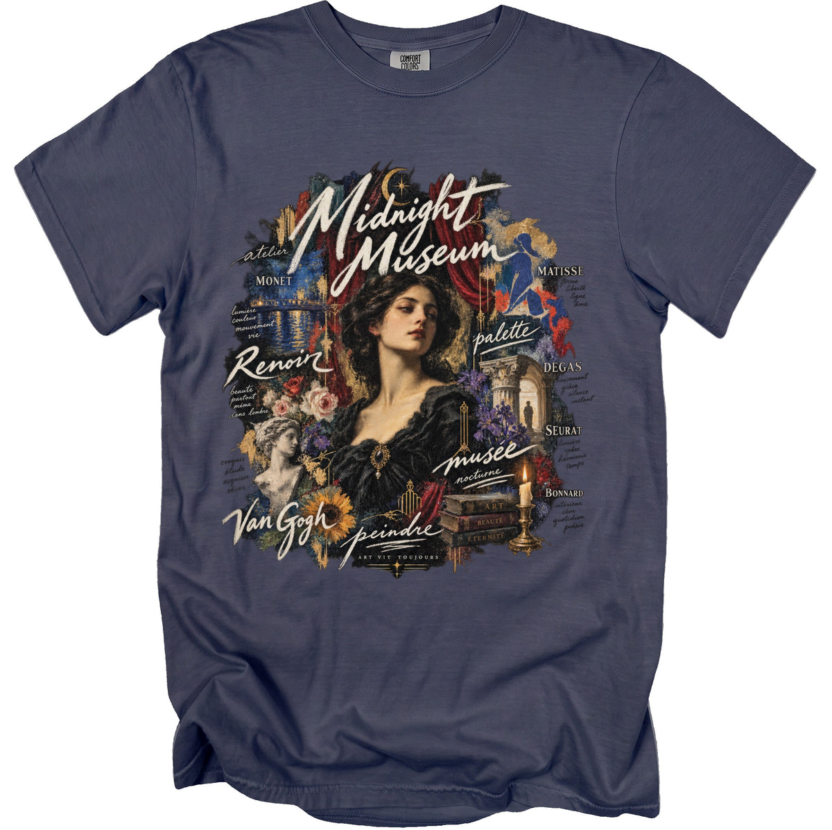 Midnight Museum graphic with woman, artists, and French text on navy t-shirt.