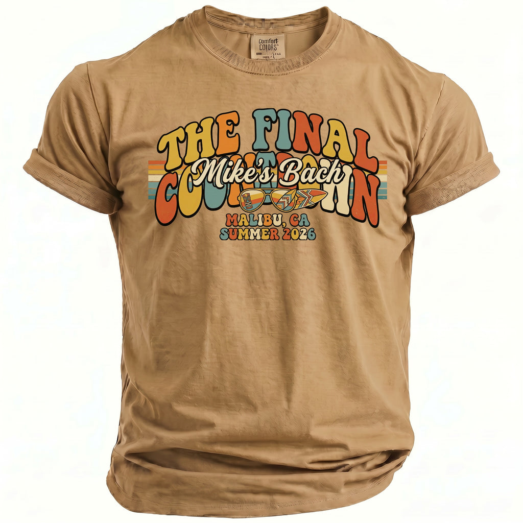 Tan Comfort Colors t-shirt with "The Final Countdown Mike's Bach" graphic.