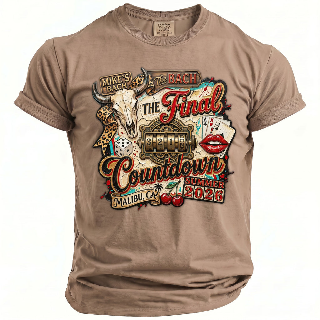 T-shirt with "Mike's Bach The Final Countdown Summer 2026" text and bull skull graphic.