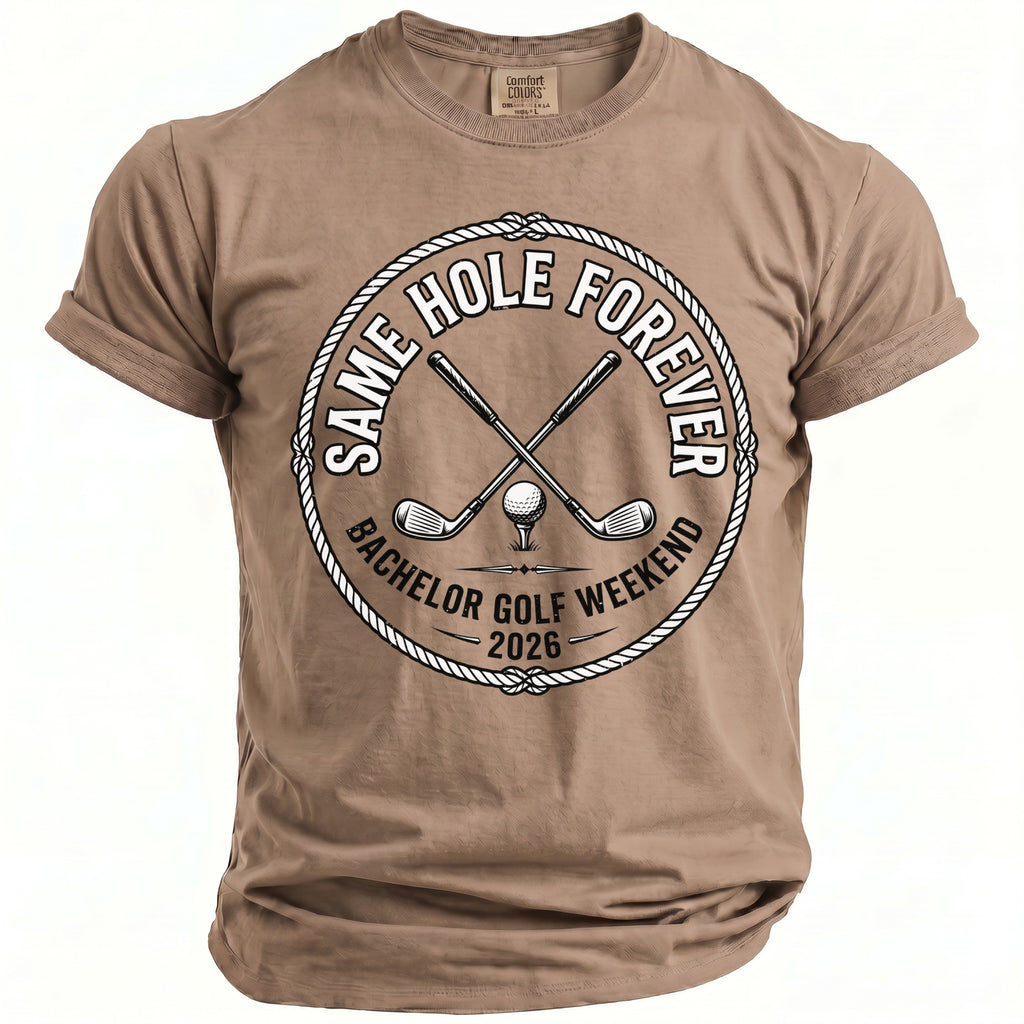 Brown t-shirt with "Same Hole Forever Bachelor Golf Weekend 2026" circular graphic.
