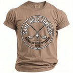 Brown t-shirt with "Same Hole Forever Bachelor Golf Weekend 2026" circular graphic.