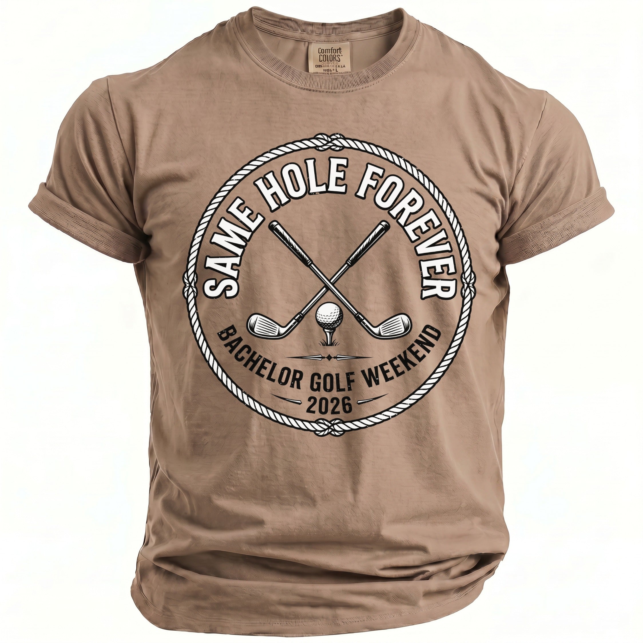 Brown t-shirt with "Same Hole Forever Bachelor Golf Weekend 2026" circular graphic.