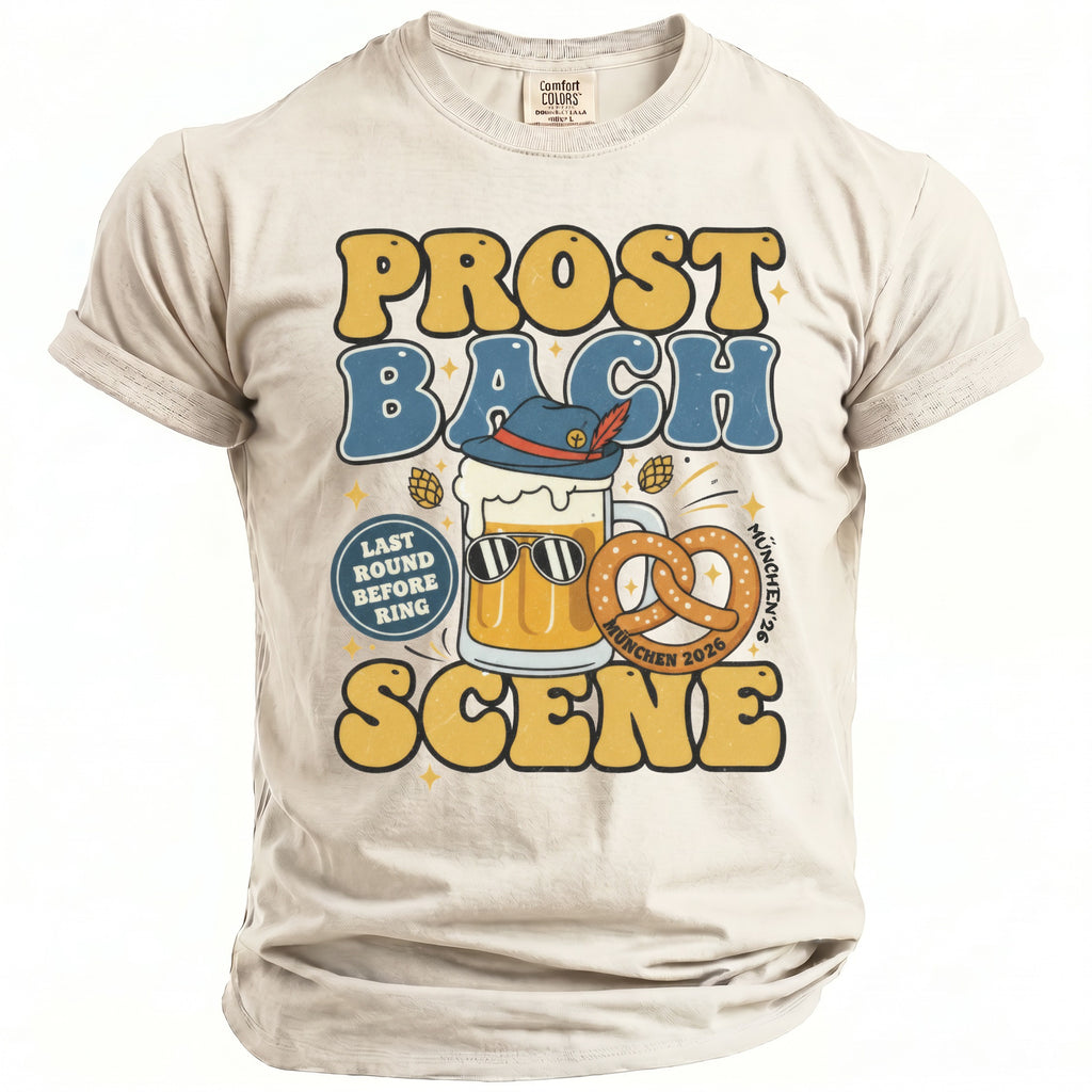 Prost Bach beer mug with pretzel, hat, and text "Last Round Before Ring München 2026 Scene".