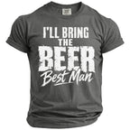 A charcoal grey t-shirt with white distressed text reading "I'LL BRING THE BEER Best Man".