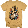 Mona Lisa holds a cool corgi wearing sunglasses and a crown; graffiti style.