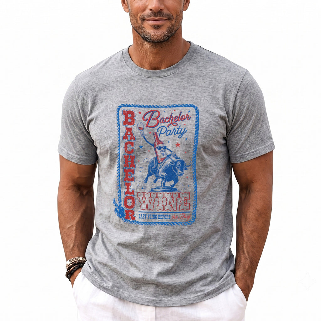 Grey t-shirt with "Bachelor Party Wine" graphic featuring a wine bottle on a bull.
