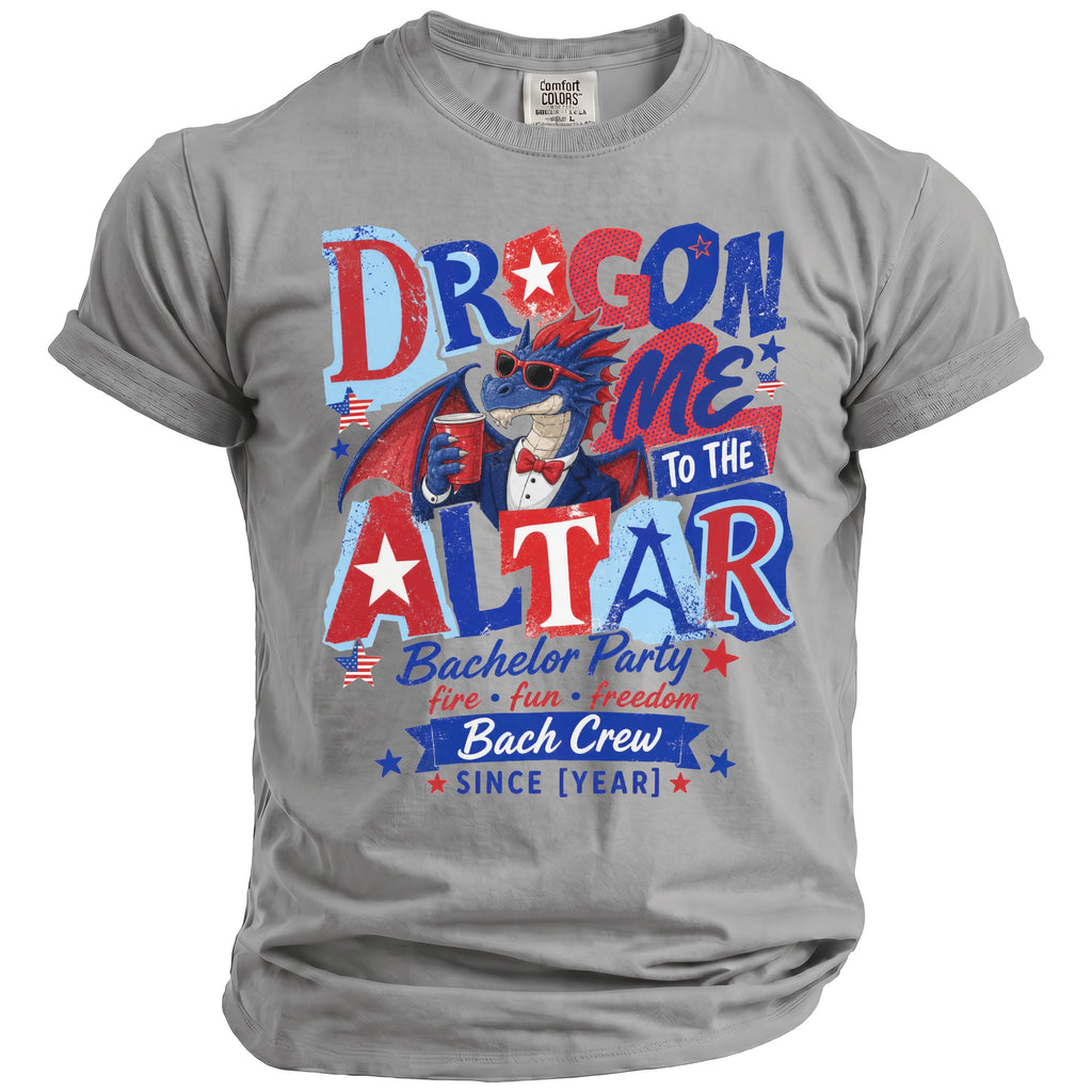 Grey t-shirt with "Dragon Me To The Altar Bach Crew Since [Year]" graphic.