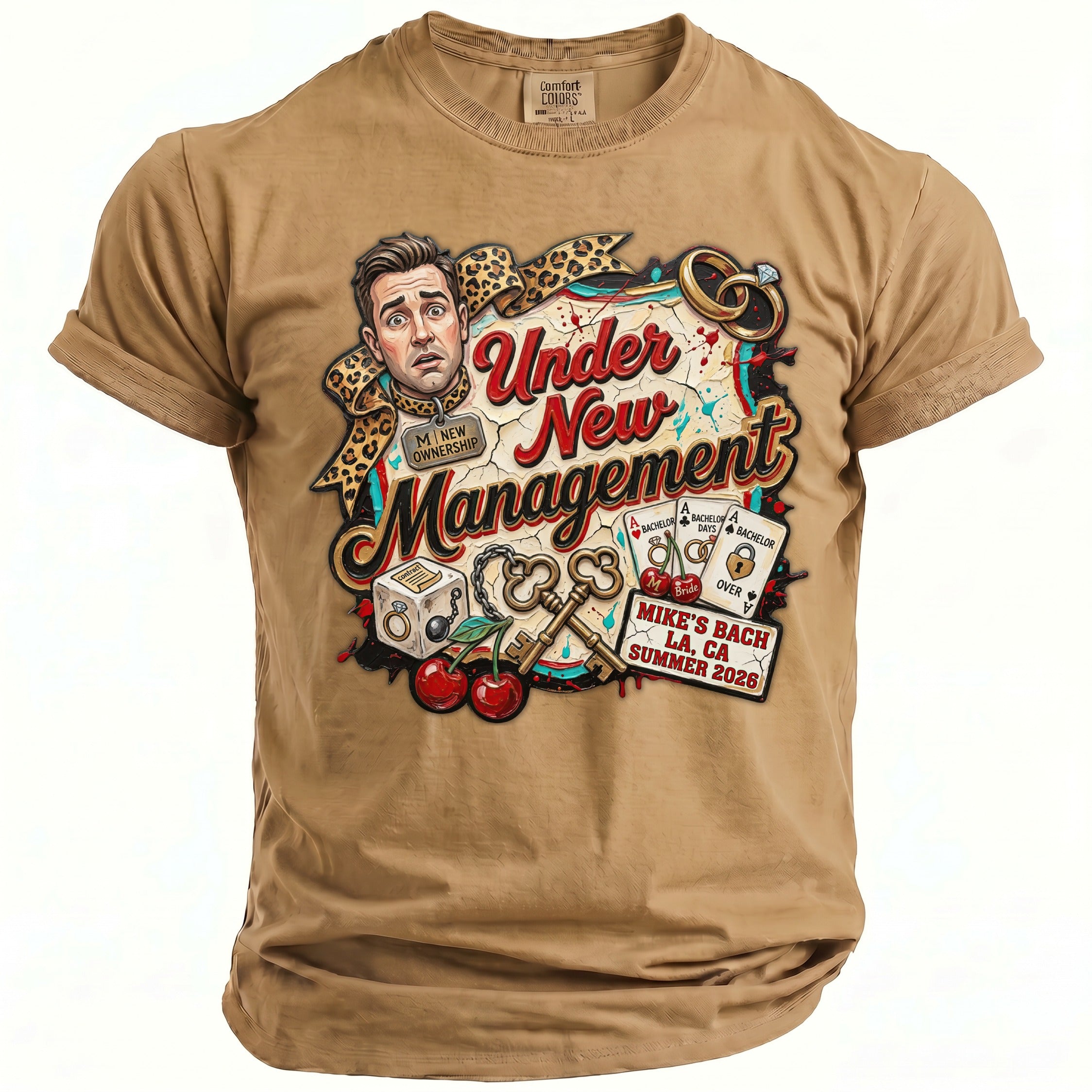 T-shirt with "Under New Management" graphic featuring surprised man, keys, and wedding rings.