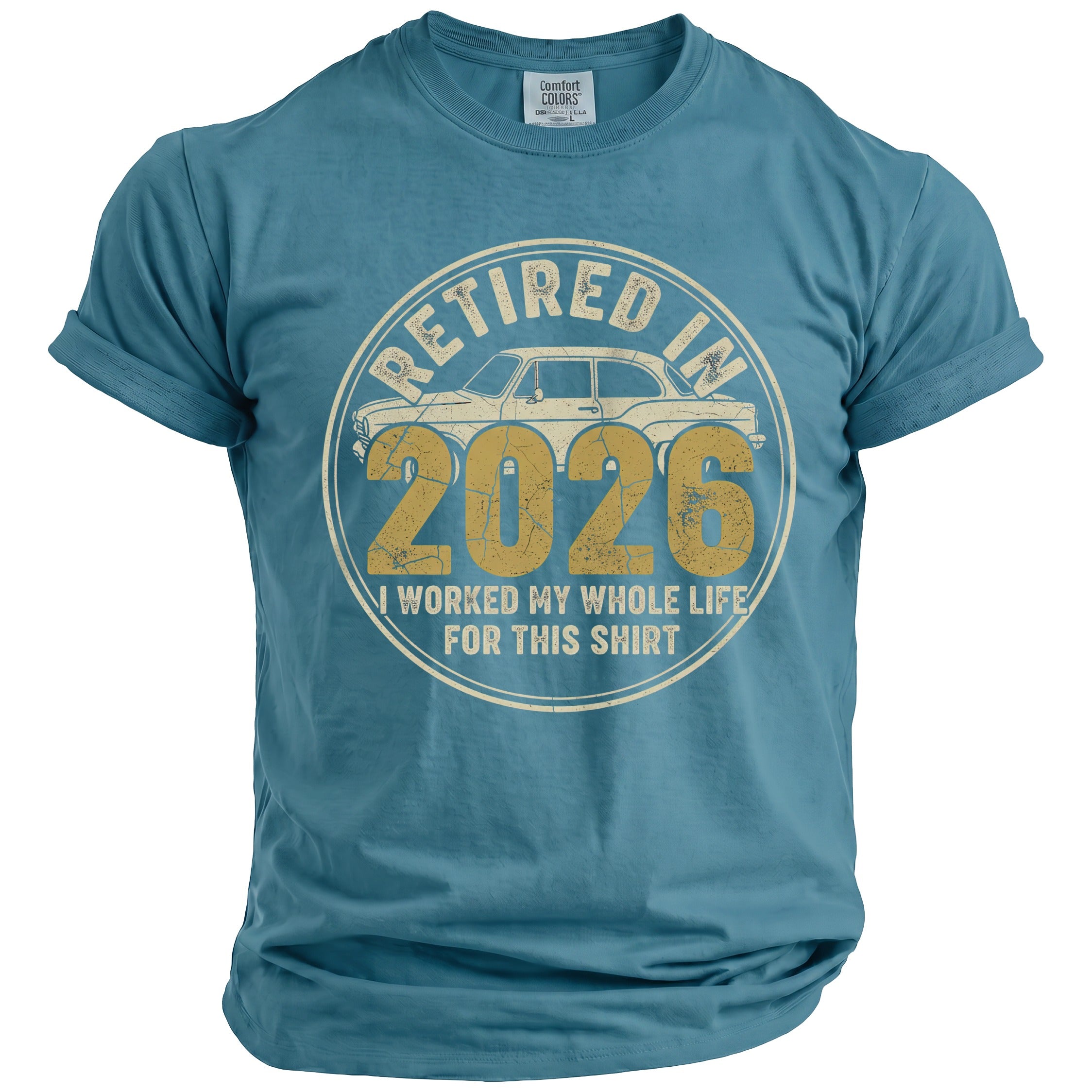 Teal t-shirt with "Retired In 2026" graphic and vintage car.