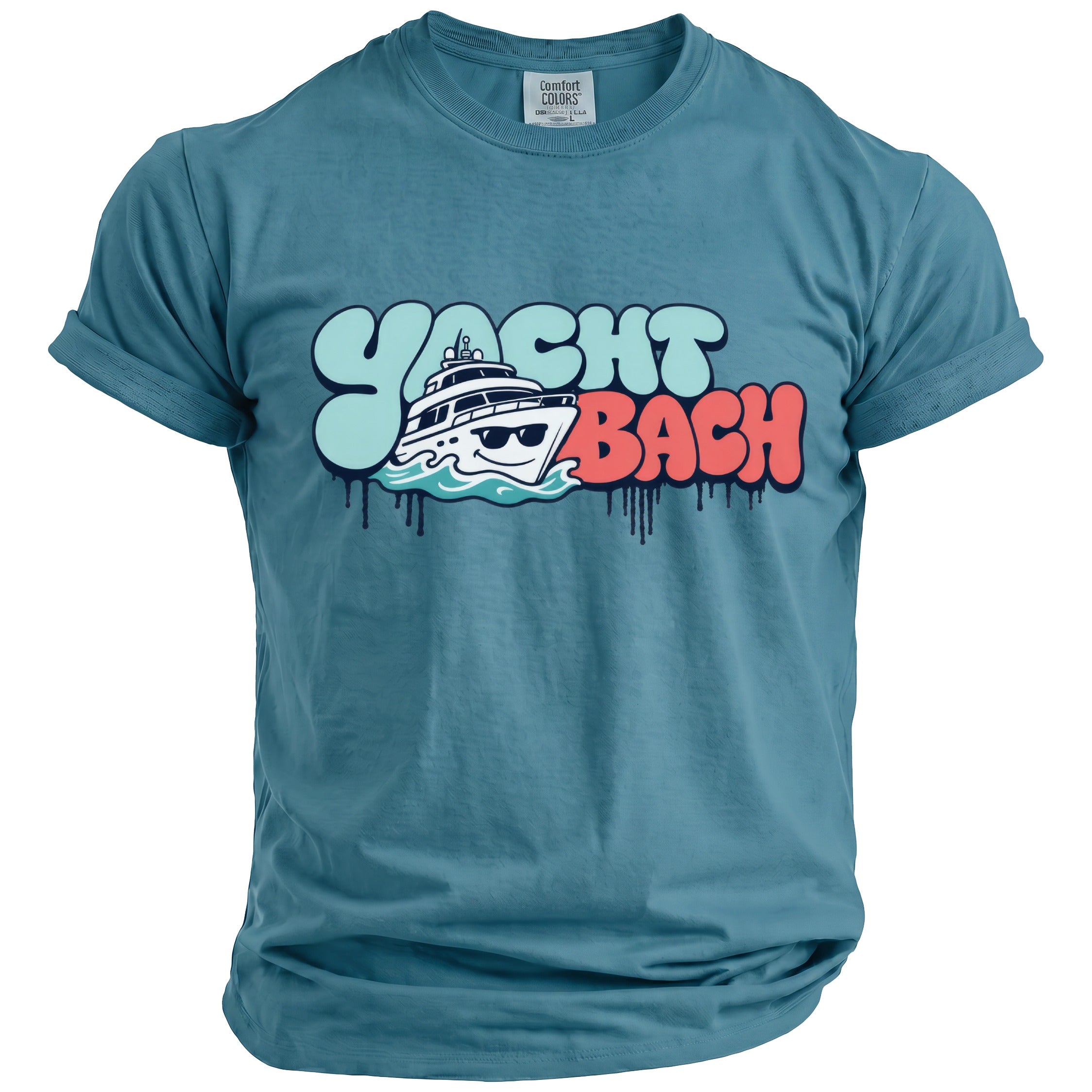 Teal t-shirt with "YACHT BACH" graphic featuring a cartoon yacht.