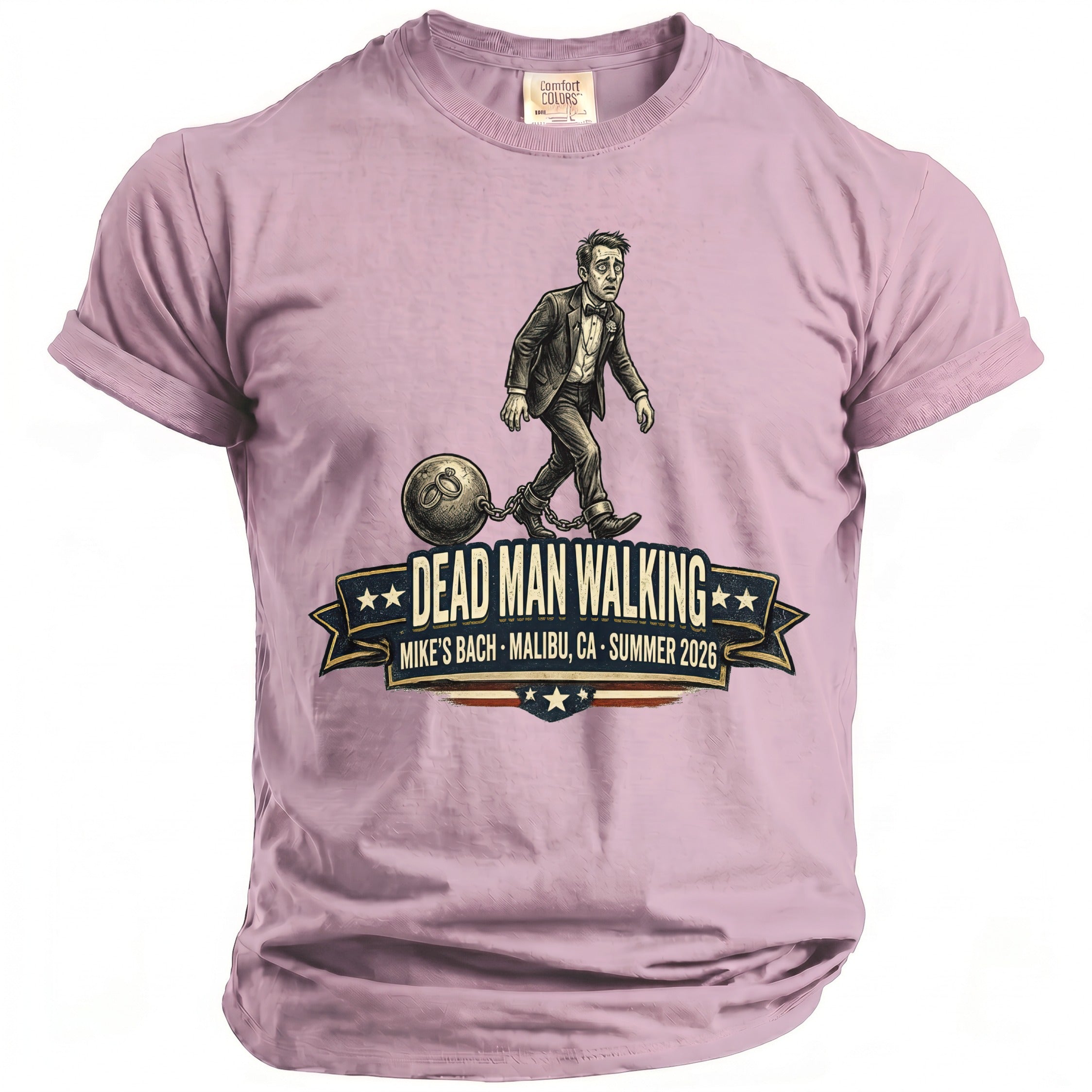 T-shirt with "Dead Man Walking" graphic, chains, and text for Mike's Bach 2026.