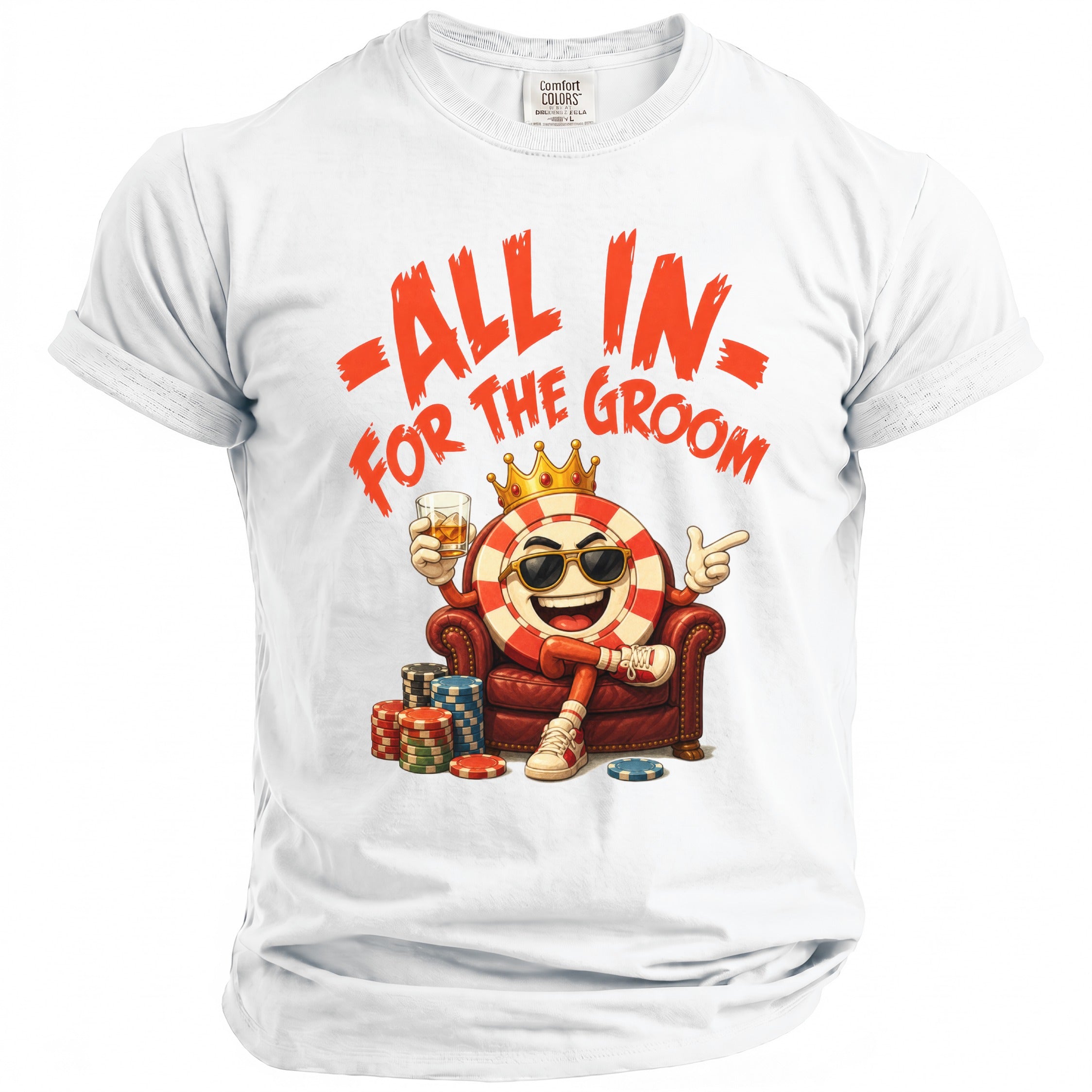 White t-shirt with "All In For The Groom" text and a cartoon poker chip character.
