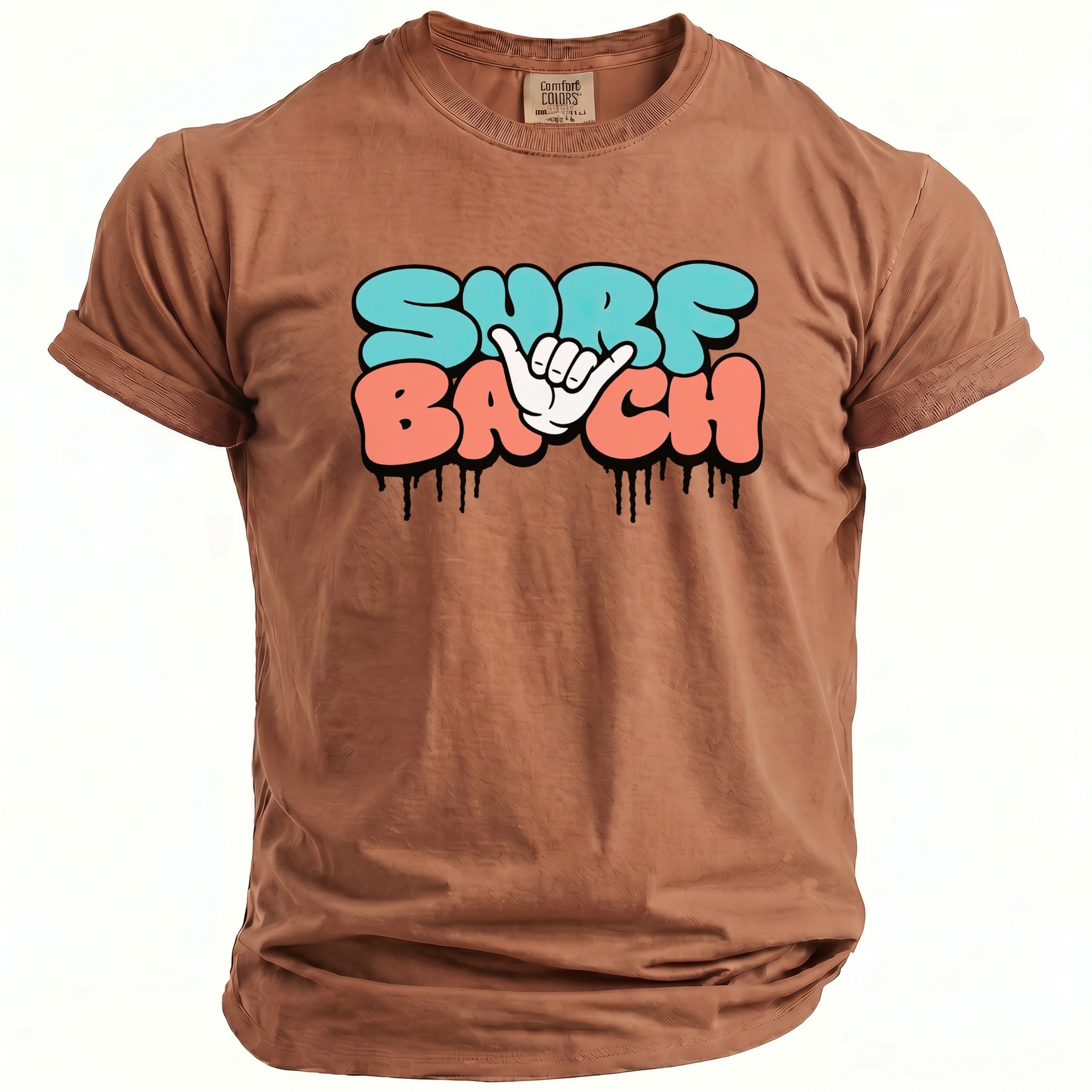 Brown t-shirt with "Surf Bach" text and shaka hand gesture graphic.