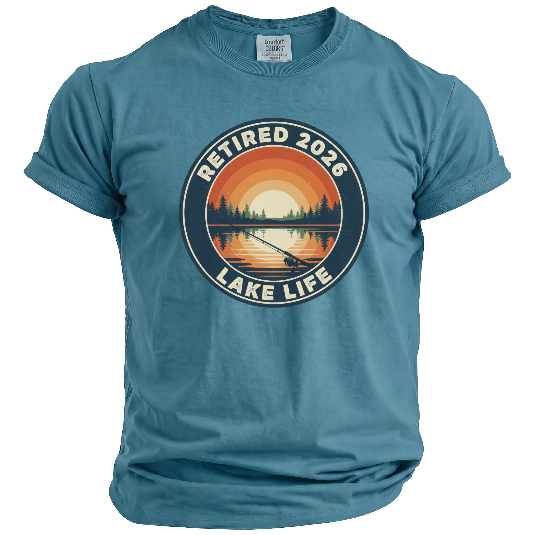 Teal t-shirt with "Retired 2026 Lake Life" graphic of a sunset over a lake with fishing rod.