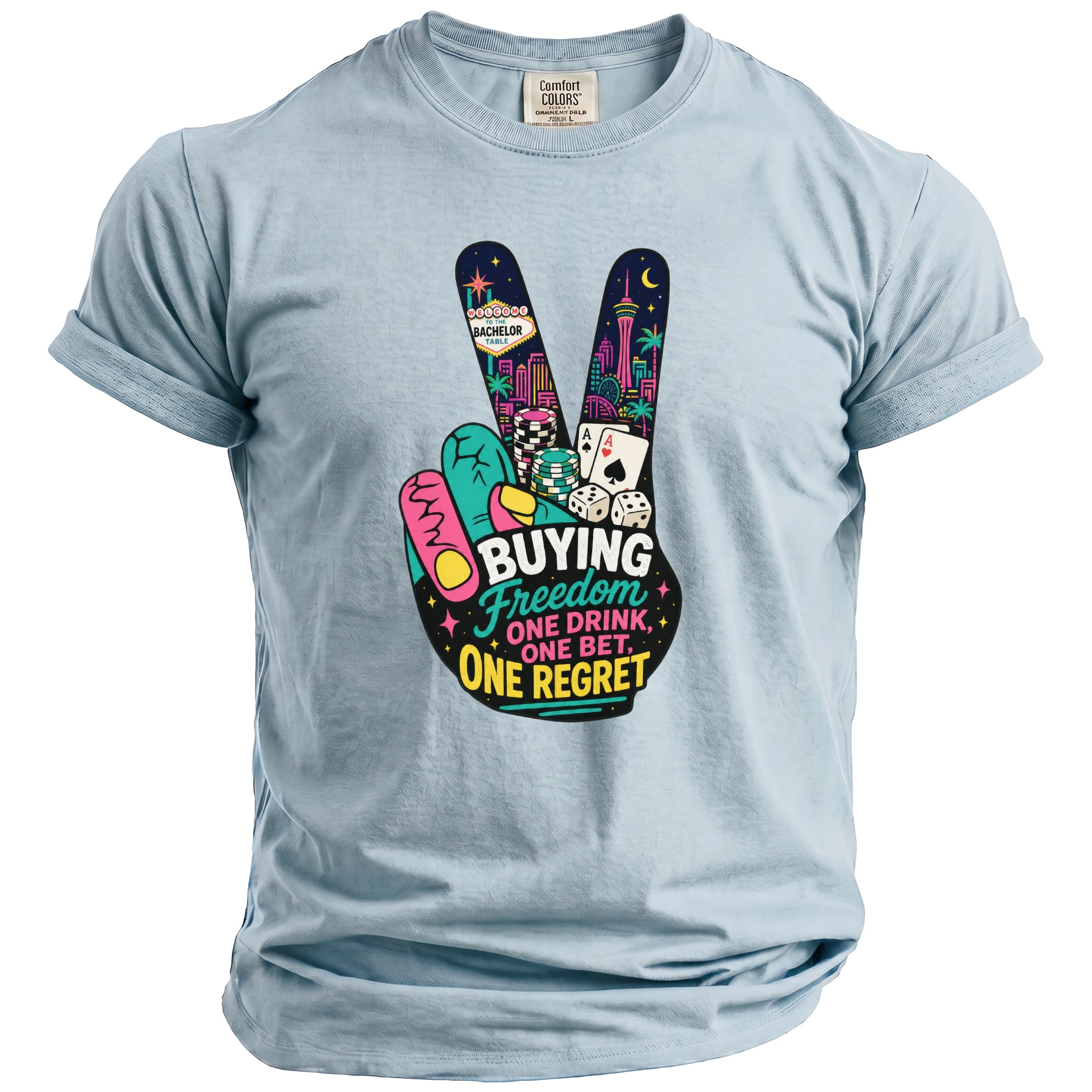 Light blue t-shirt with a peace sign graphic featuring casinos, dice, cards, and text.