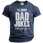 Dark blue t-shirt with "I'LL BRING THE DAD JOKES Father of the Groom" text.