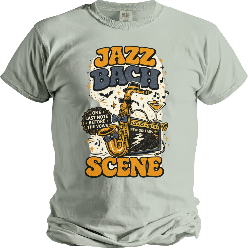 Graphic with saxophone, amplifier, cocktail, and text "JAZZ BACH SCENE New Orleans One Last Note Before The Vows."