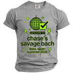 Grey t-shirt with neon graphic text and disco ball saying "chase's savage bach".